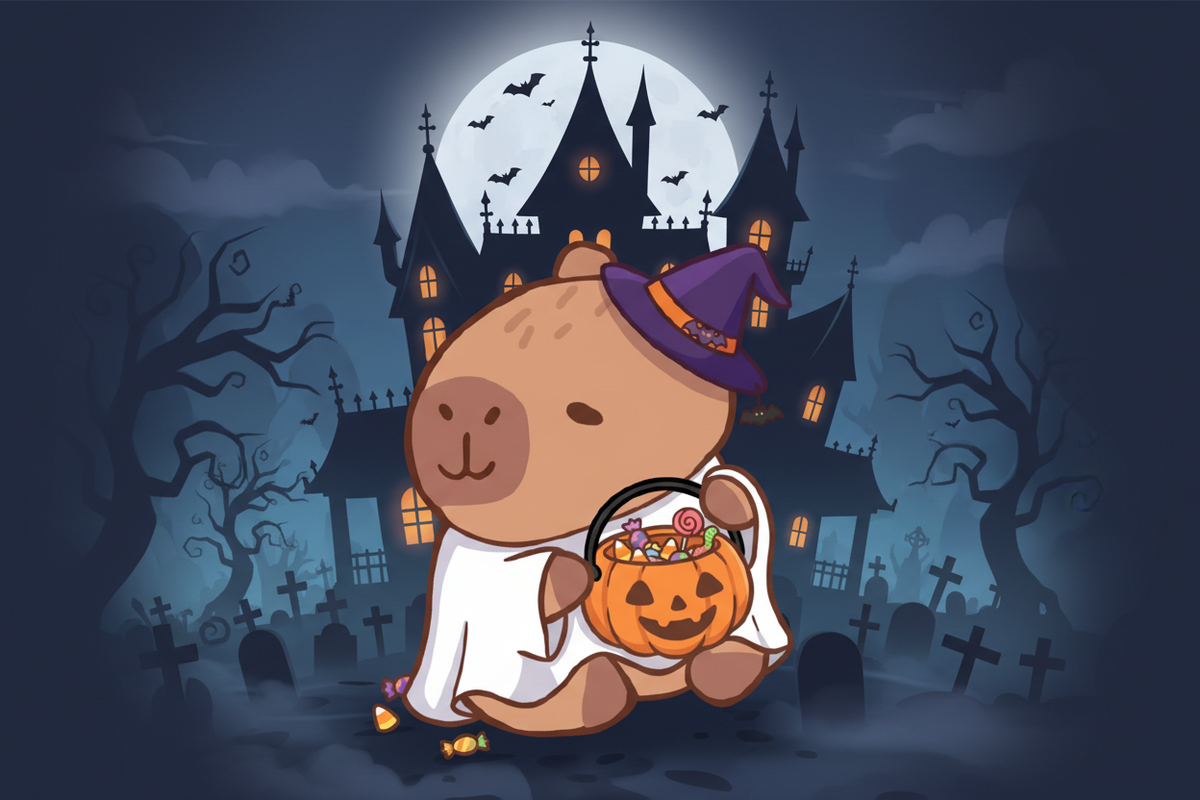 A cute cartoon capybara dressed in a white ghost costume and purple witch hat, holding an orange jack-o'-lantern bucket filled with colorful candies on a plain white background.