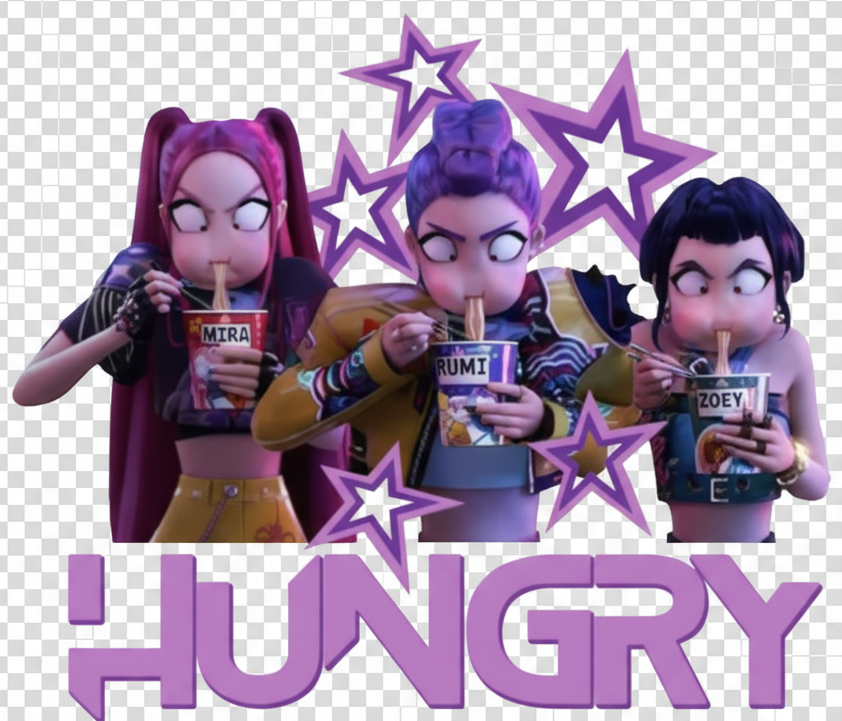 Three animated characters drinking from cups with 'HUNGRY' text and star designs on a transparent background.
