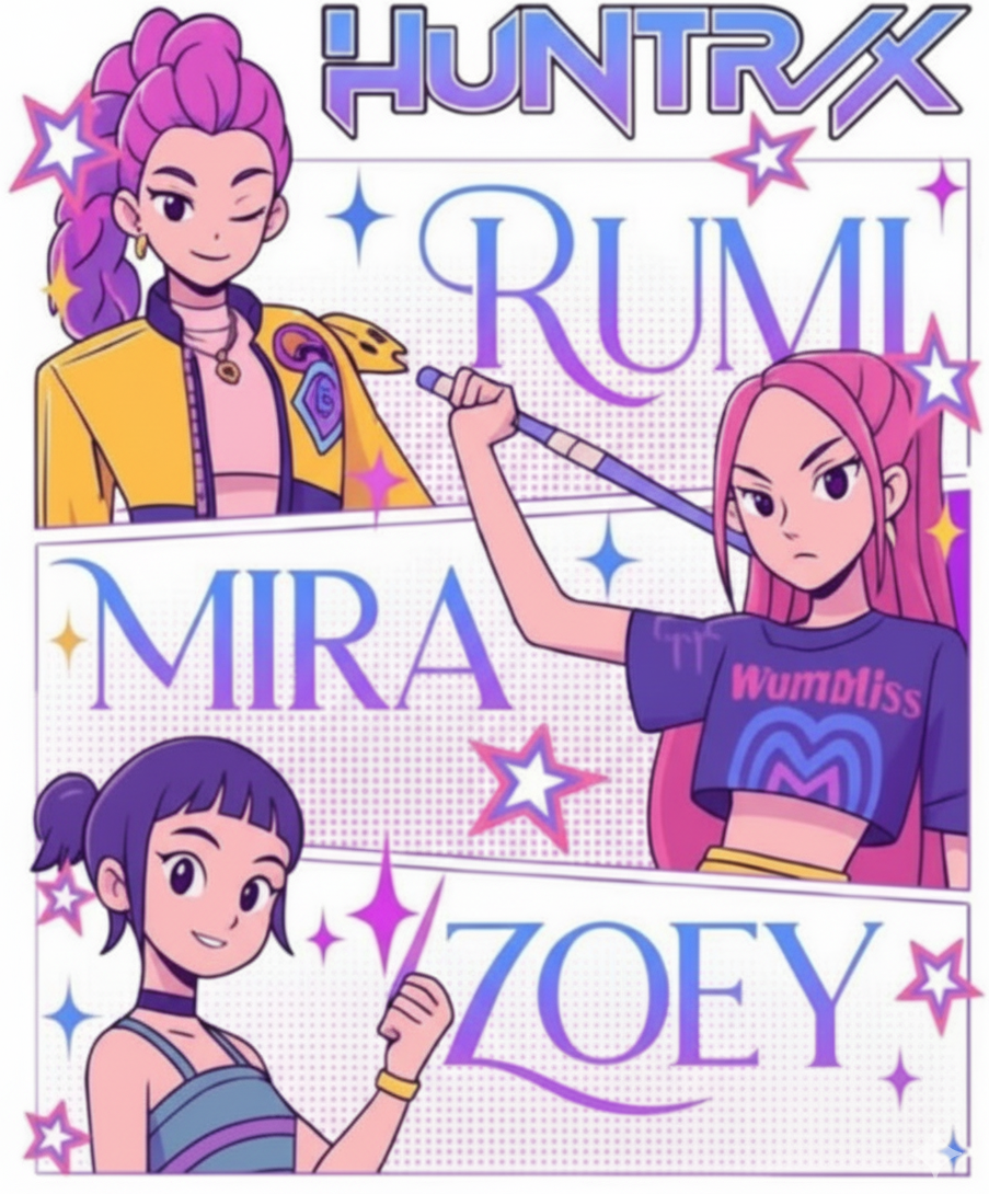 Cartoon characters Rumi, Mira, and Zoey with colorful hairstyles and outfits on a white background.