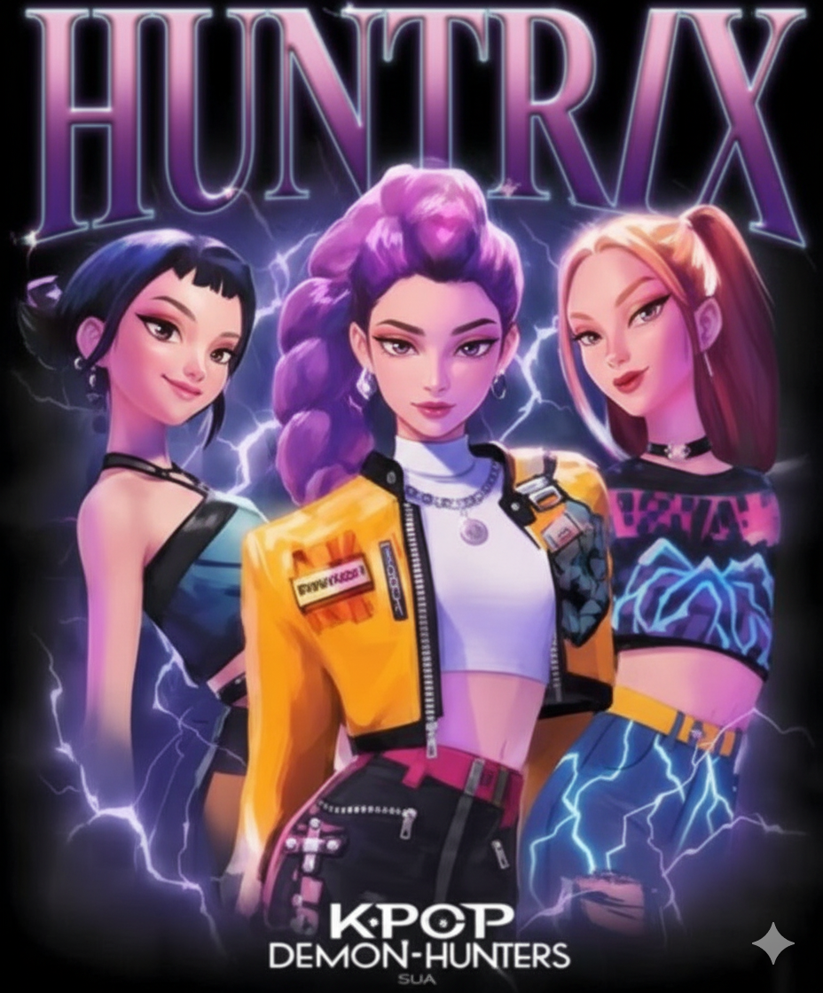Three animated characters with vibrant hairstyles and outfits, featuring the brand 'Huntrix' and 'K-POP Demon Hunters'.