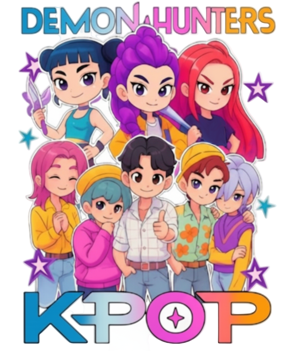 Animated characters with colorful hairstyles and outfits, featuring the text 'Demon Hunters K-Pop'.